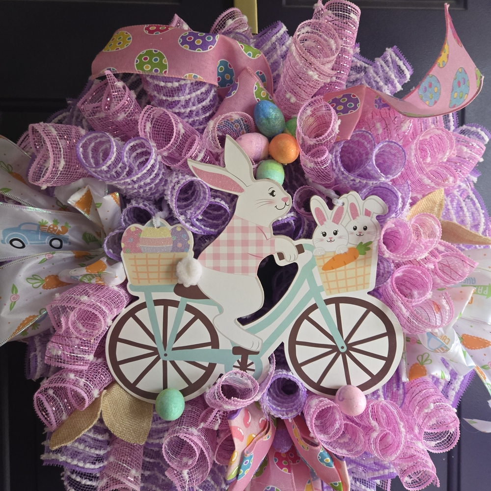 Easter Bunny Bicycle Wreath - Pink and Purple